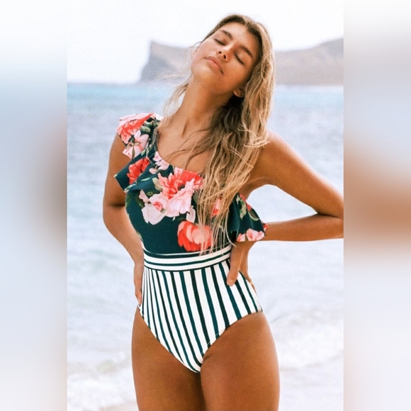 Cupshe Ellis Riviera Floral & Stripes Ruffled Asymmetrical Swimsuit - Picture 1 of 9